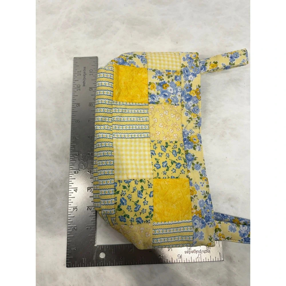 Vintage Quilted Patchwork Fabric Basket Yellow Blue Floral Gingham Storage Bin